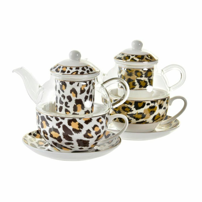 Ceainic DKD Home Decor Leopard Geam Porțelan Maro Transparent Alb (2 Unități)