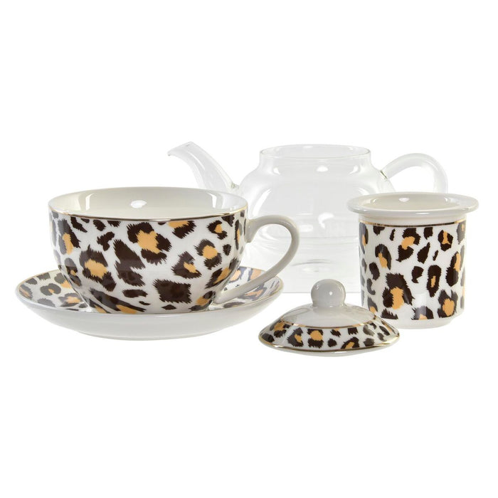 Ceainic DKD Home Decor Leopard Geam Porțelan Maro Transparent Alb (2 Unități)