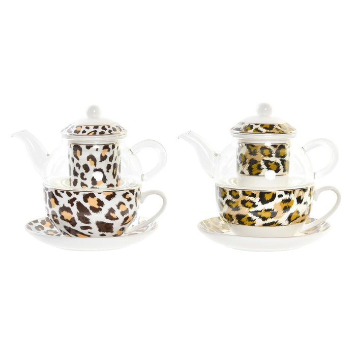Ceainic DKD Home Decor Leopard Geam Porțelan Maro Transparent Alb (2 Unități)