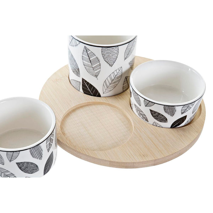 Set de Aperitiv DKD Home Decor Alb/Negru Bambus Gresie Frunze Cottage 3 Piese 8 cm 20 x 20 x 8 cm