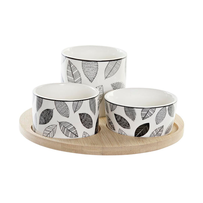 Set de Aperitiv DKD Home Decor Alb/Negru Bambus Gresie Frunze Cottage 3 Piese 8 cm 20 x 20 x 8 cm