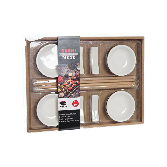 Set de Sushi DKD Home Decor Bambus Gresie Alb Natural Oriental 27,3 x 20,3 x 2,5 cm (12 Unități)