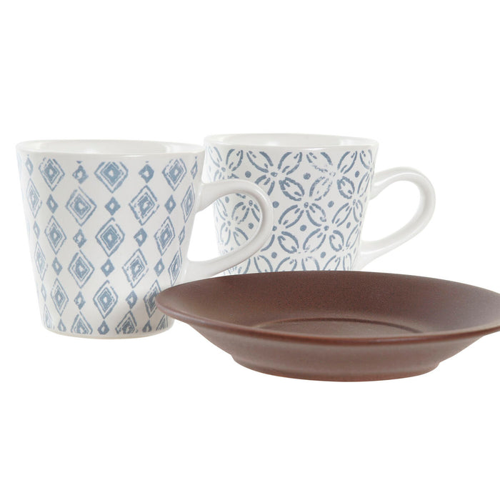 Set de Căni de Cafea DKD Home Decor Albastru Maro Lemn de cauciuc Alb Gresie 90 ml