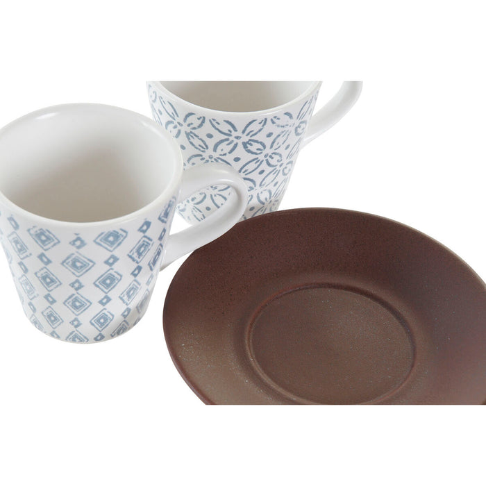 Set de Căni de Cafea DKD Home Decor Albastru Maro Lemn de cauciuc Alb Gresie 90 ml
