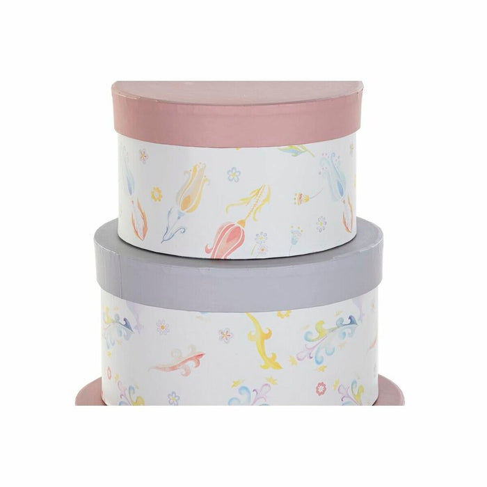Set de cutii de depozitare, cu posibilitate de stivuire DKD Home Decor Květiny Dungi Albastru Liliachiu Alb Multicolor Carton (3