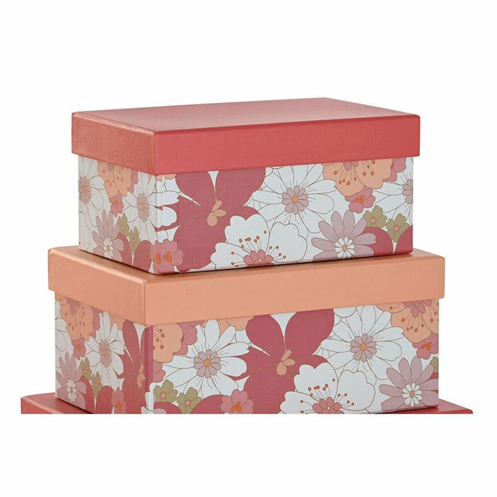 Set de cutii de depozitare, cu posibilitate de stivuire DKD Home Decor Fucsia Alb Piersică Carton (43,5 x 33,5 x 15,5 cm)