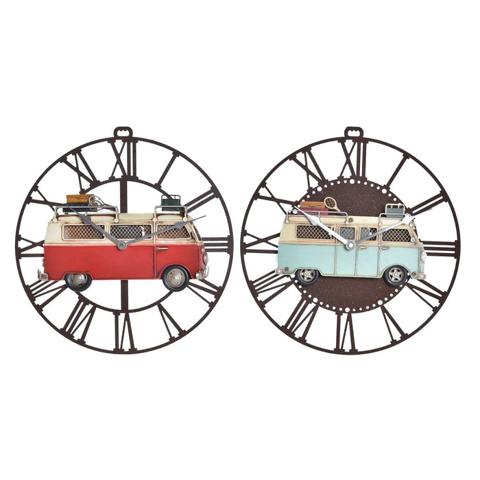 Ceas de Perete DKD Home Decor Furgonetă 34 x 3,5 x 32,5 cm Roșu Metal Celeste Vintage (2 Unități)