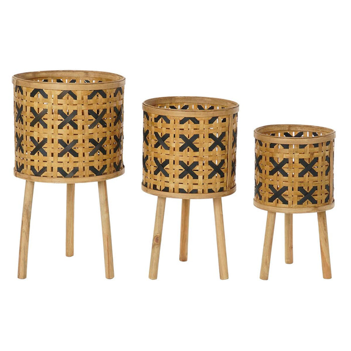 Set de ghivece DKD Home Decor Maro Negru Natural Bambus Floral Tropical 37 x 37 x 67 cm (3 Piese) (2 Unități)
