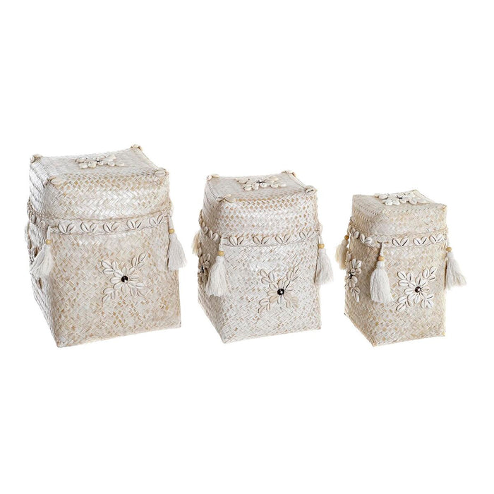 Set de Coșuri DKD Home Decor Alb Bambus Scoici (24 x 24 x 30 cm) (3 Piese)