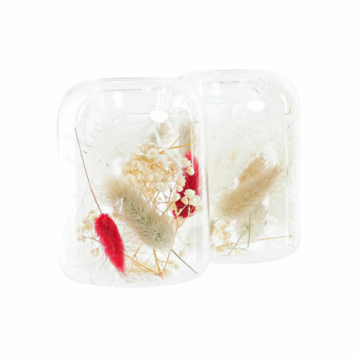 Suport de Lumânări DKD Home Decor Floare uscată 8 x 8 x 11 cm Geam Bej Castaniu (2 Unități)