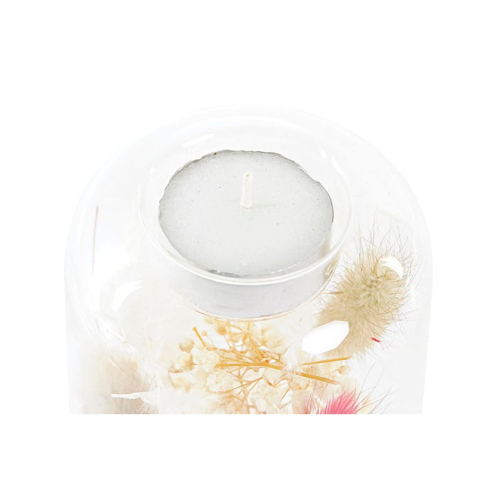 Suport de Lumânări DKD Home Decor Floare uscată 8 x 8 x 11 cm Geam Bej Castaniu (2 Unități)