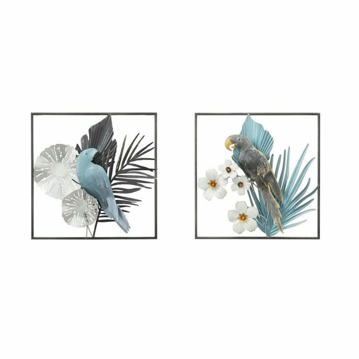 Decorațiune de Perete DKD Home Decor 50 x 7,6 x 50 cm Negru Gri Albastru Papagal Tropical (2 Unități)
