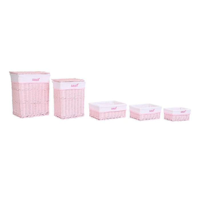 Set de Coșuri DKD Home Decor Roz Poliester Infantil răchită (44 x 34 x 56 cm)