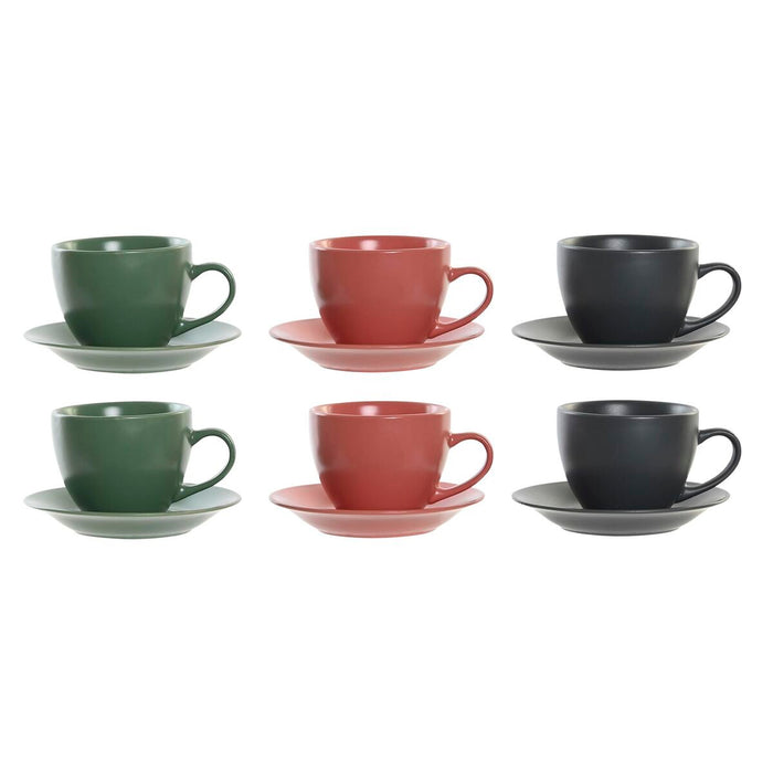 Set de 6 Căni cu Farfurie DKD Home Decor Roz Alb Verde Gri închis Gresie 150 ml