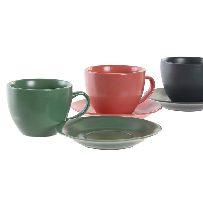 Set de 6 Căni cu Farfurie DKD Home Decor Roz Alb Verde Gri închis Gresie 150 ml