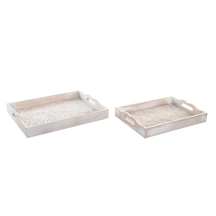 Set de Tăvi DKD Home Decor 39 x 30 x 5 cm Finisaj învechit Maro Alb Tropical Lemn MDF Frunza a unei plante (2 Unități)