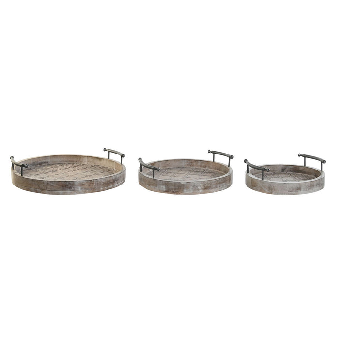 Set de Tăvi DKD Home Decor 46 x 46 x 10 cm Natural Negru Metal Alb Lemn de mango Indian