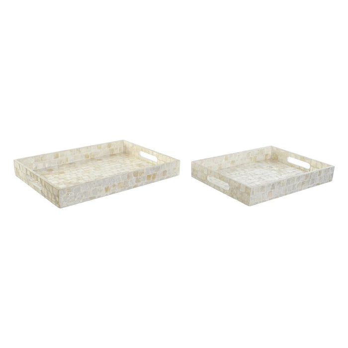 Set de Tăvi DKD Home Decor Alb Sidef Bambus 40 x 30 x 5 cm Mediterană (2 Unități)