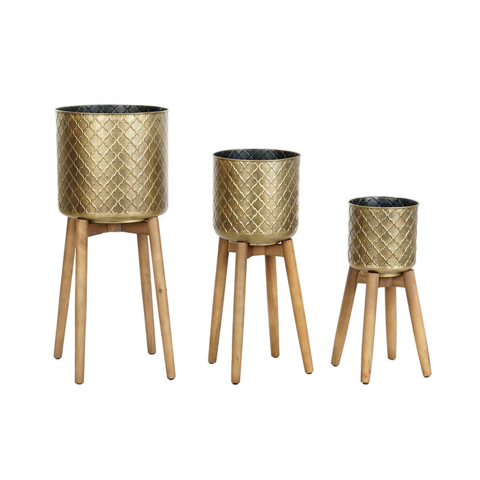 Set de jardiniere DKD Home Decor 34 x 37 x 79 cm Auriu* Metal Lemn Maro închis