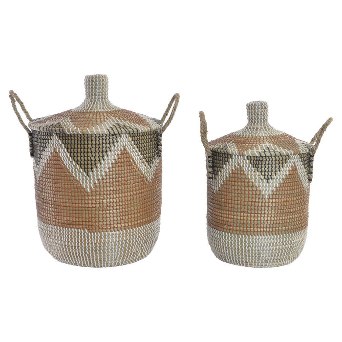 Set de Coșuri DKD Home Decor Alb Maro Natural Iarbă de mare Zig-Zag 39 x 39 x 53 cm