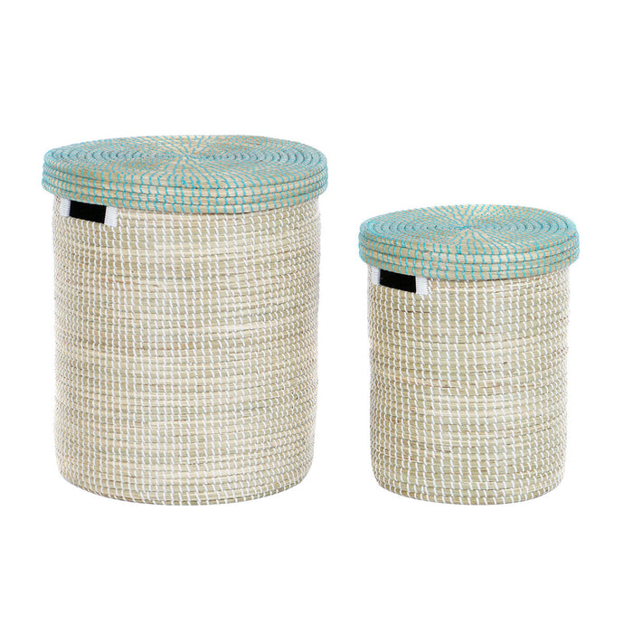 Set de Coșuri DKD Home Decor Albastru Alb Natural Iarbă de mare 44 x 44 x 51 cm