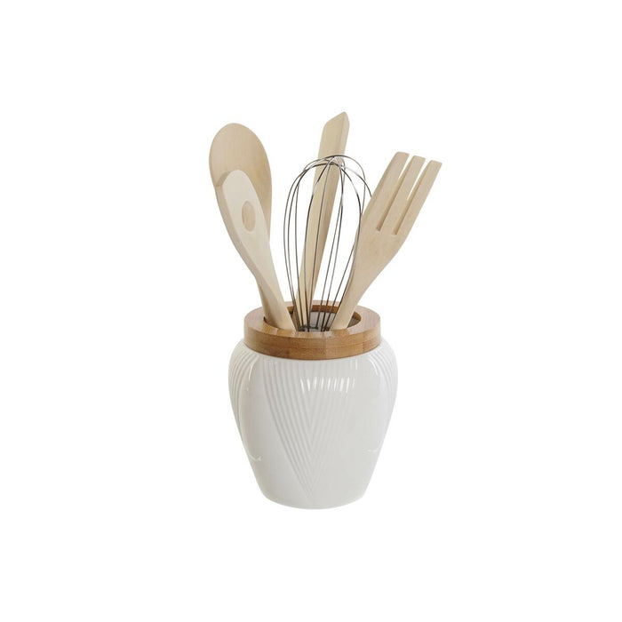 Suport pentru ustensile de bucătărie DKD Home Decor Alb Bambus Porțelan 10,5 x 10,5 x 12 cm 6 Piese