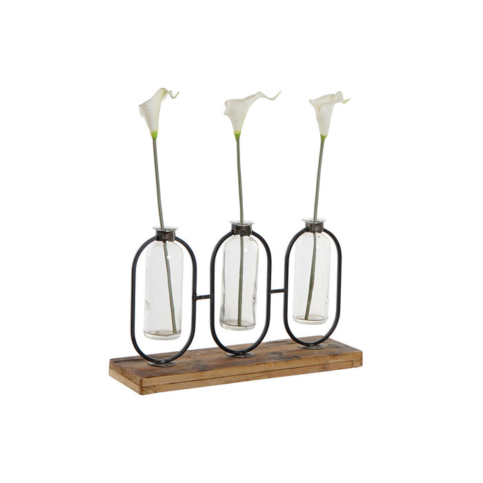 Vază DKD Home Decor Negru Natural Metal Geam Lemn de paulownia 38 x 11,5 x 23 cm (3 Piese)