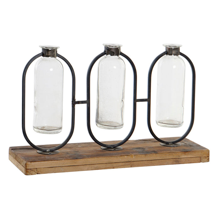 Vază DKD Home Decor Negru Natural Metal Geam Lemn de paulownia 38 x 11,5 x 23 cm (3 Piese)