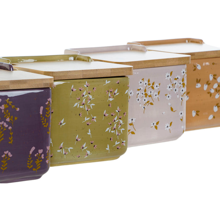 Solniță cu capac DKD Home Decor Verde Roz Muştar Liliachiu Bambus 750 ml 14 x 12,5 x 12 cm (4 Unități)