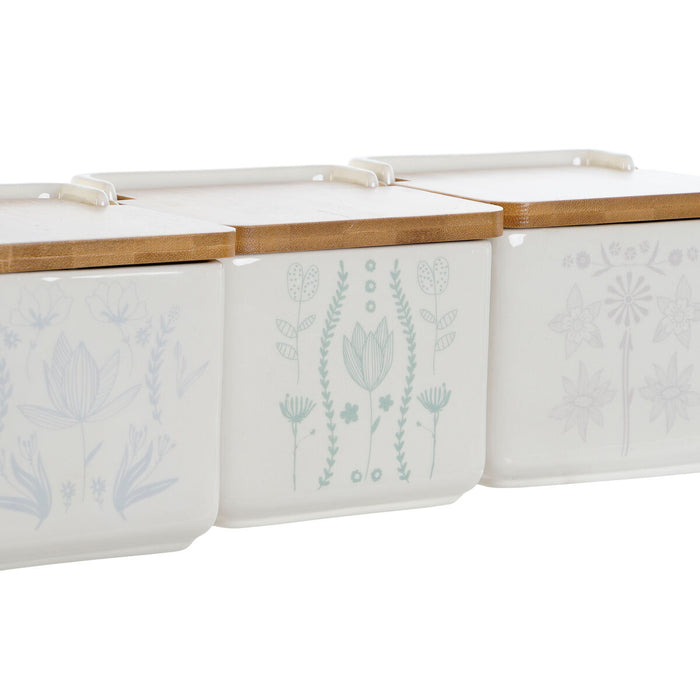 Solniță cu capac DKD Home Decor Albastru Alb Verde Liliachiu Bambus Scandi 750 ml 14 x 12,5 x 12 cm (3 Unități)