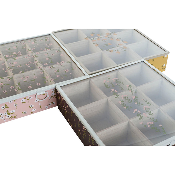 Cutie pentru infuzii DKD Home Decor Verde Muştar Maro închis Metal Geam Lemn MDF (4 Unități)