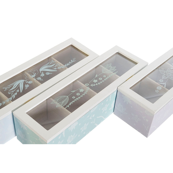 Cutie pentru infuzii DKD Home Decor Albastru Verde Liliachiu Geam Lemn MDF (3 Unități)