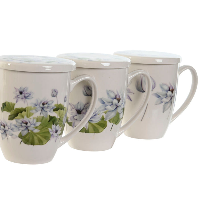 Cană cu filtru pentru infuzii DKD Home Decor Albastru Alb Verde Oțel inoxidabil Porțelan 380 ml (3 Unități)