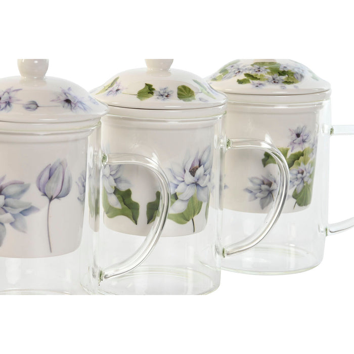 Cană cu filtru pentru infuzii DKD Home Decor Albastru Alb Verde Geam Porțelan 300 ml (3 Unități)