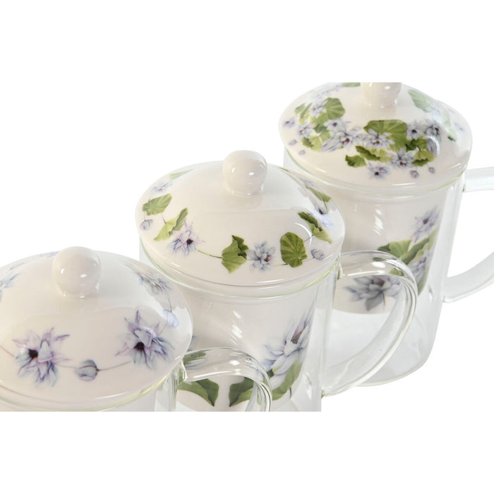 Cană cu filtru pentru infuzii DKD Home Decor Albastru Alb Verde Geam Porțelan 300 ml (3 Unități)