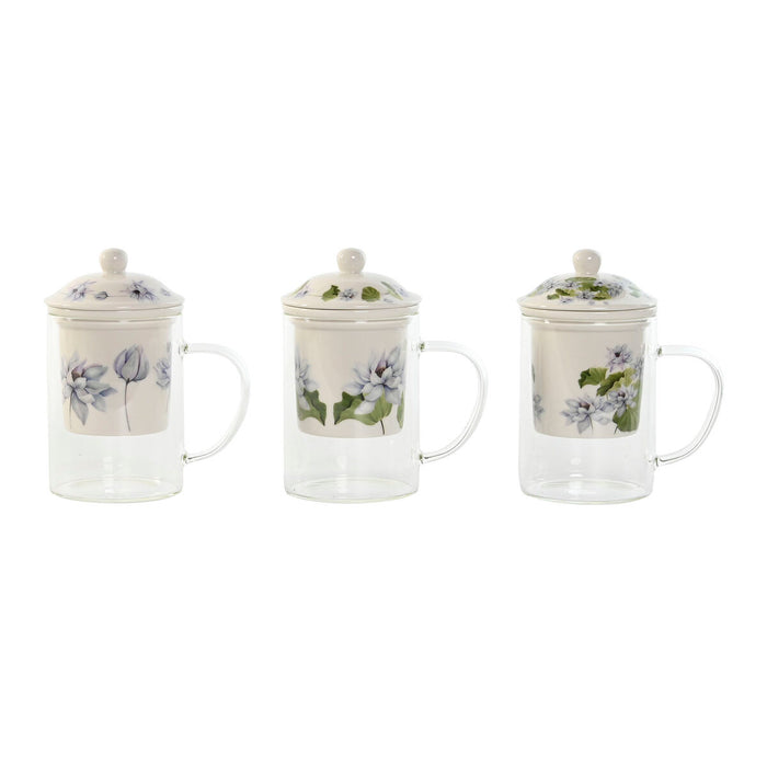 Cană cu filtru pentru infuzii DKD Home Decor Albastru Alb Verde Geam Porțelan 300 ml (3 Unități)