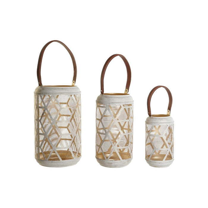 Set de Suporturi de Lumânări DKD Home Decor Alb Auriu* Piele Metal 25 x 25 x 45 cm (3 Unități)