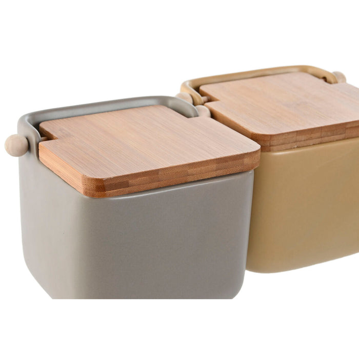 Solniță cu capac Home ESPRIT Bej Gri Natural Bambus Dolomite 15 x 12 x 11 cm (2 Unități)