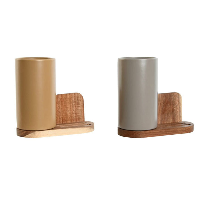 Suport pentru ustensile de bucătărie Home ESPRIT Bej Gri Maro închis Salcâm Dolomite 20 x 9,5 x 18,5 cm (2 Unități)