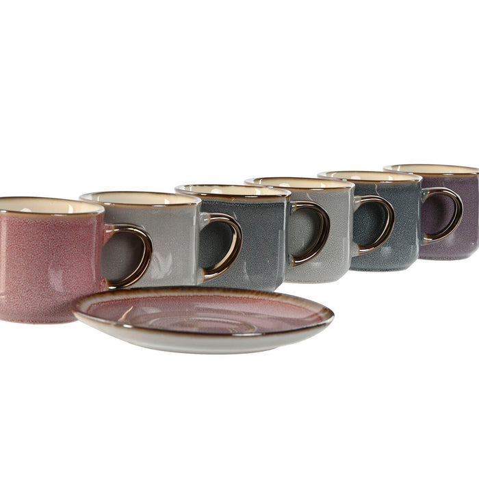 Set de 6 Căni cu Farfurie Home ESPRIT Albastru Alb Roz Castaniu Gresie 165 ml 14 x 14 x 2 cm