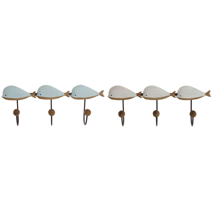 Cuier de perete Home ESPRIT Alb Albastru celest Metal Lemn de paulownia Balenă 45 x 10 x 17,5 cm (2 Unități)