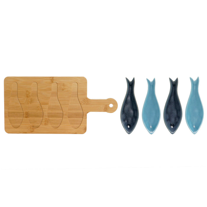 Set de Aperitiv Home ESPRIT Albastru Verde Bleumarin Bambus Porțelan Mediterană Pești 36 x 18 x 1,3 cm 5 Piese