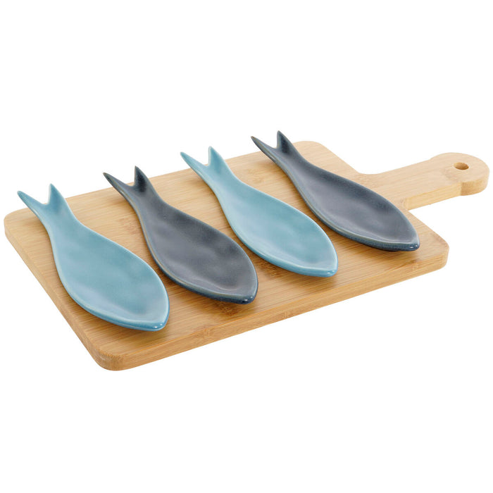 Set de Aperitiv Home ESPRIT Albastru Verde Bleumarin Bambus Porțelan Mediterană Pești 36 x 18 x 1,3 cm 5 Piese
