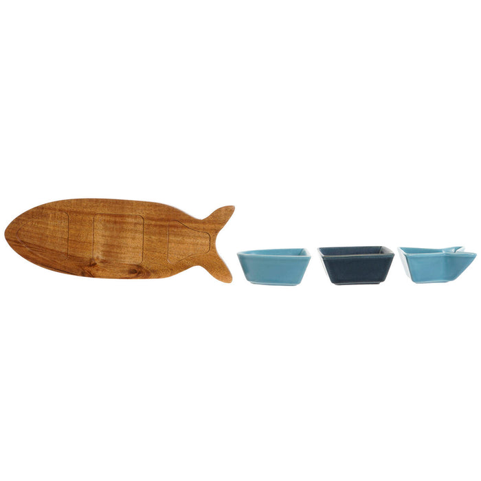 Set de Aperitiv Home ESPRIT Albastru Bleumarin Porțelan Salcâm Pește Mediterană 28 x 9,7 x 1,3 cm 4 Piese