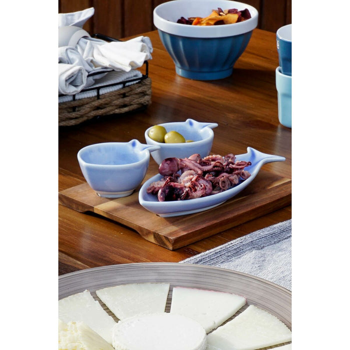 Set de Aperitiv Home ESPRIT Albastru Albastru celest Porțelan Salcâm Mediterană Pești 19,5 x 16,5 x 1,3 cm 4 Piese