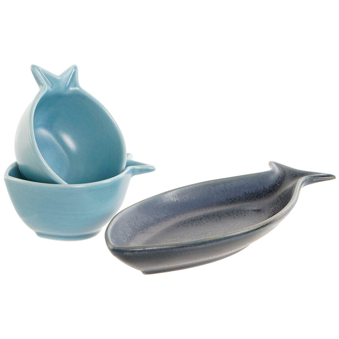 Set de Aperitiv Home ESPRIT Albastru Albastru celest Porțelan Salcâm Mediterană Pești 19,5 x 16,5 x 1,3 cm 4 Piese