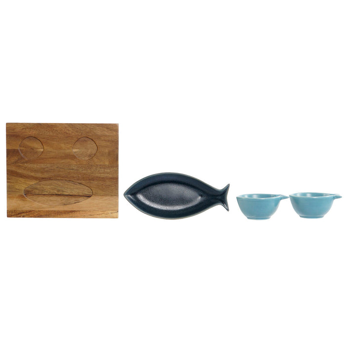 Set de Aperitiv Home ESPRIT Albastru Albastru celest Porțelan Salcâm Mediterană Pești 19,5 x 16,5 x 1,3 cm 4 Piese