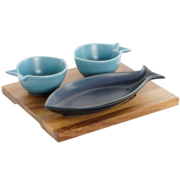 Set de Aperitiv Home ESPRIT Albastru Albastru celest Porțelan Salcâm Mediterană Pești 19,5 x 16,5 x 1,3 cm 4 Piese