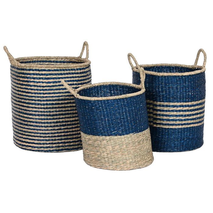 Set de Coșuri Home ESPRIT Albastru Natural Iută Iarbă de mare Mediterană 43 x 43 x 54 cm (3 Piese)