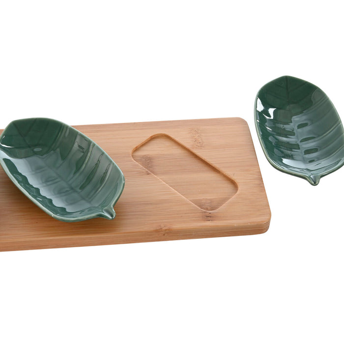 Set de Aperitiv Home ESPRIT Verde Verde inchis Bambus Porțelan Tropical 4 Piese 28,4 x 10,5 x 3 cm (2 Unități)